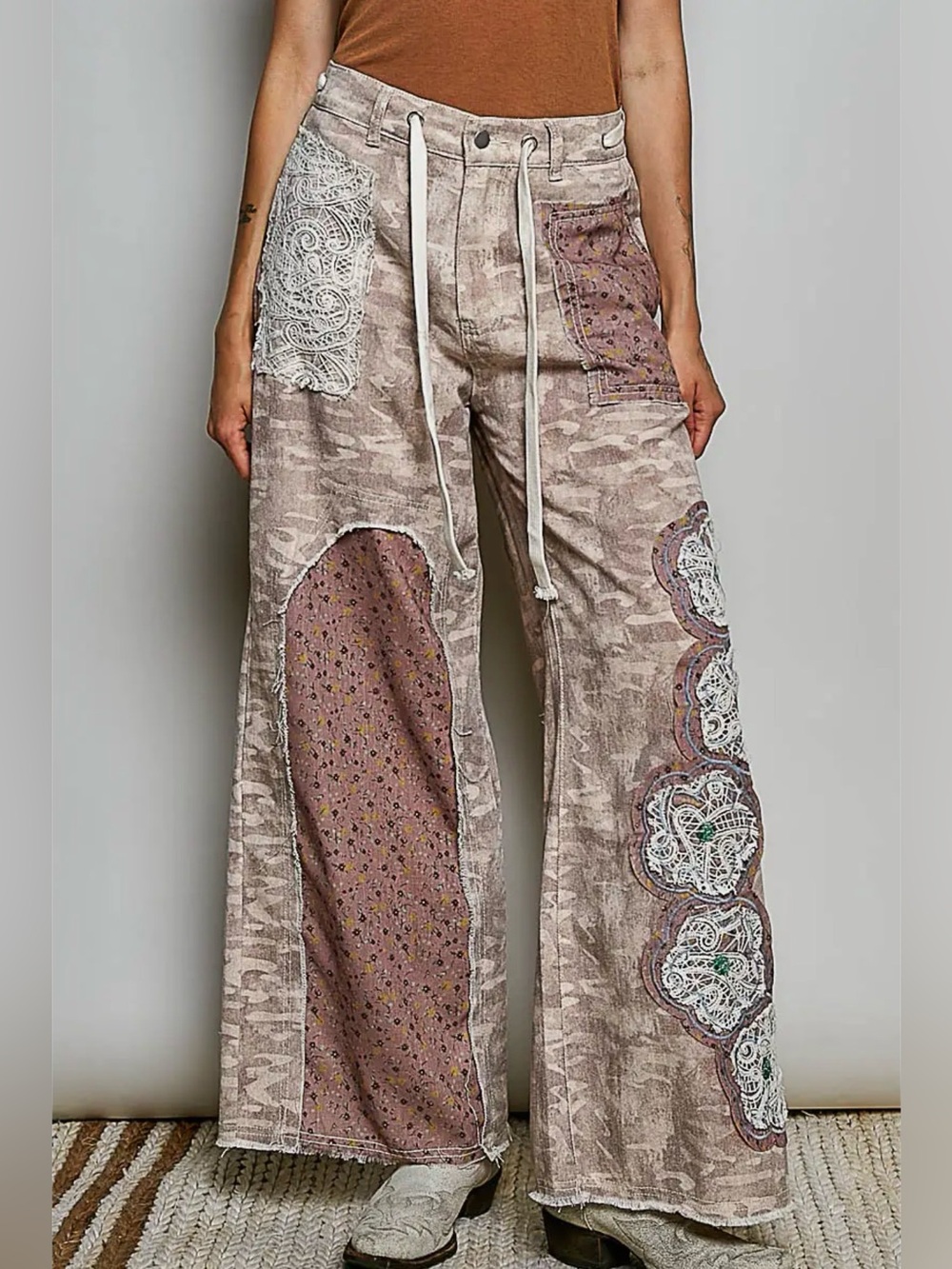 POL Taupe Patchwork & Lace Denim  Pants